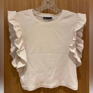 ZARA White Ribbed Ruffle Top